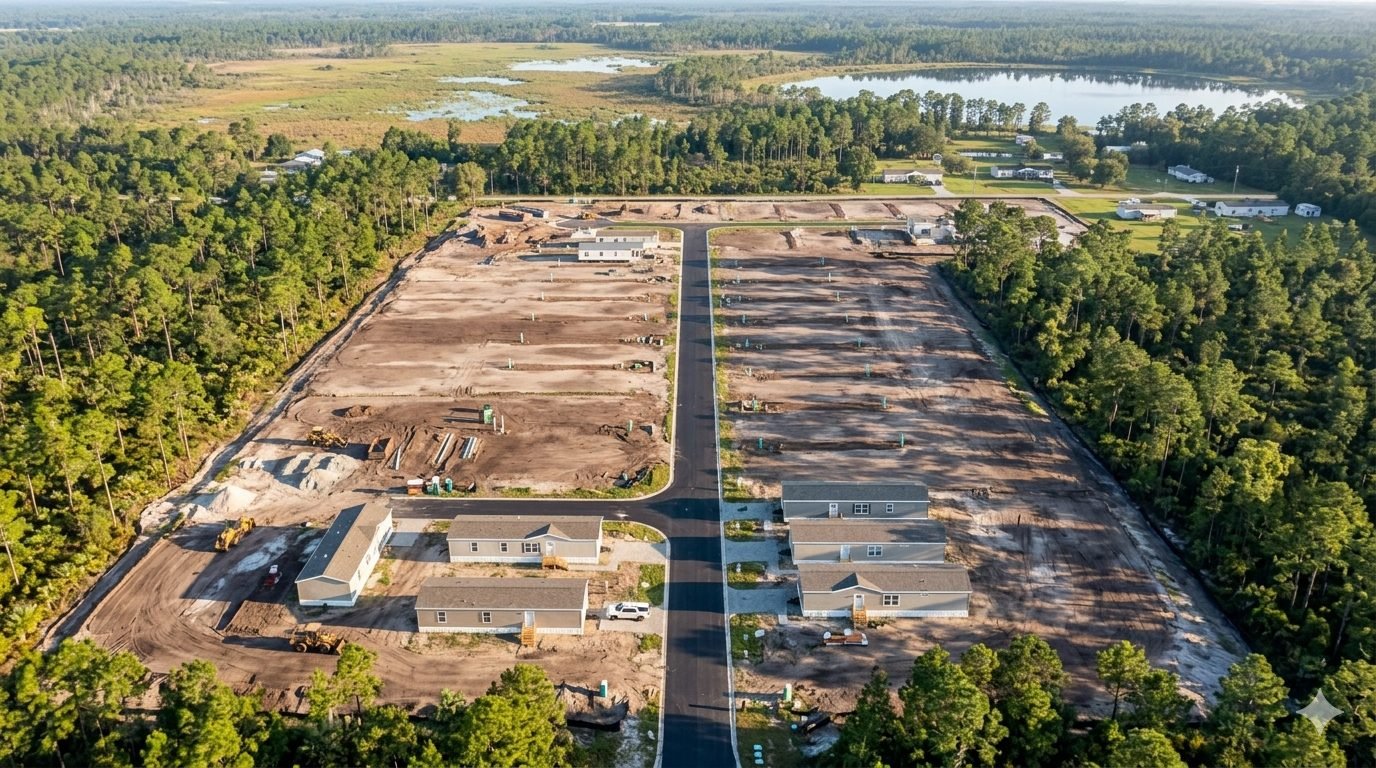 Aerial view of manufactured housing community under development in Florida