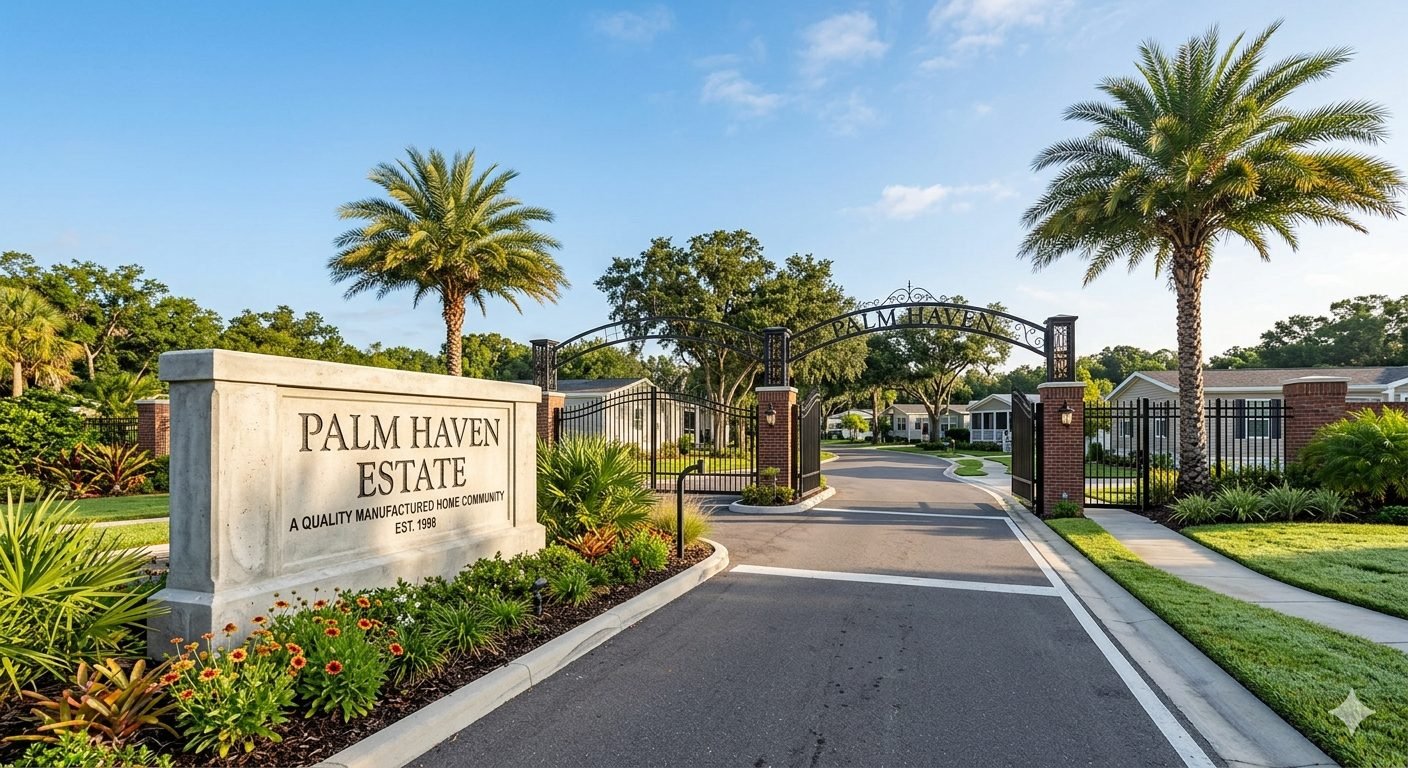 Manufactured housing community entrance with palm trees and monument sign