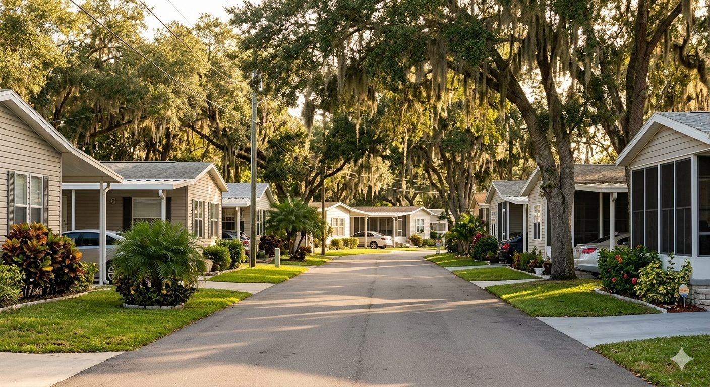 Manufactured housing community streetscape with live oak canopy, Florida