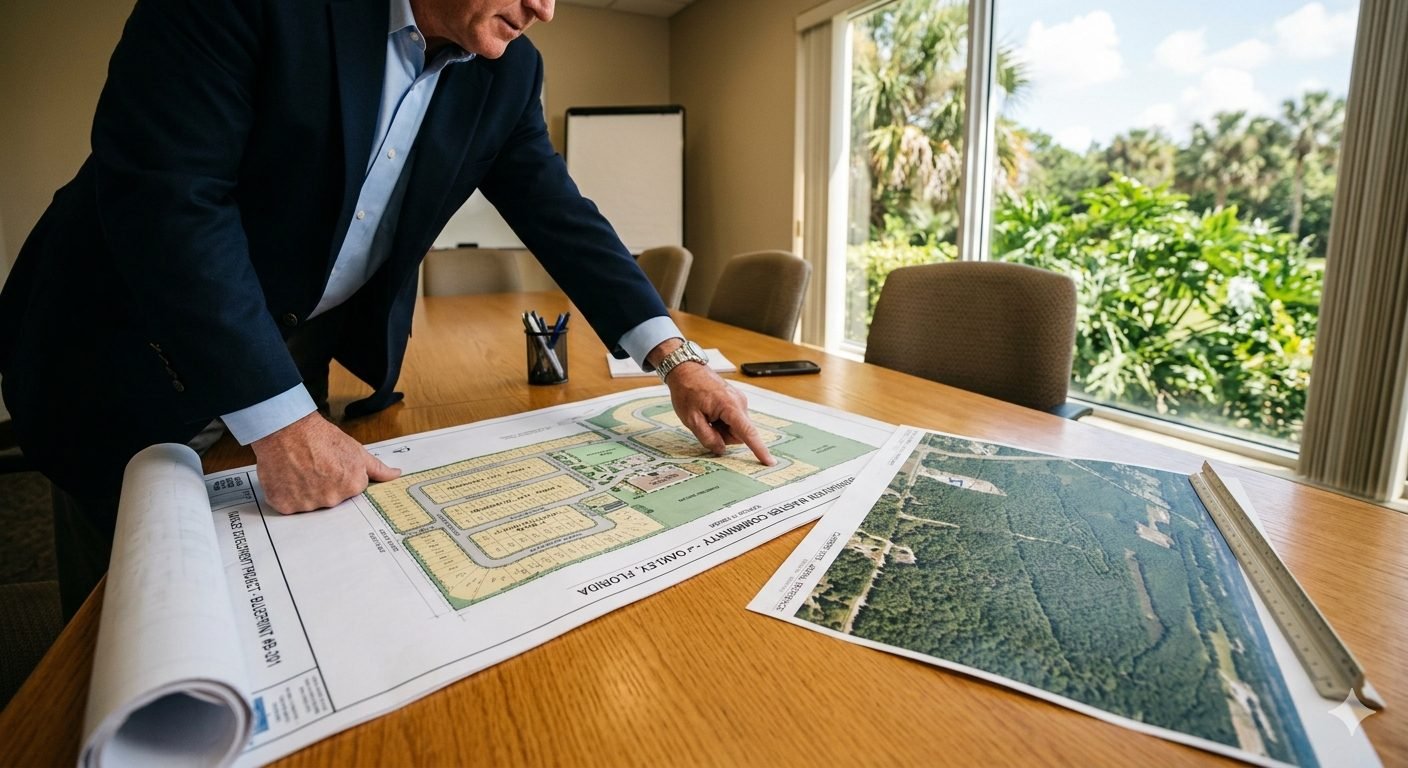 Real estate development executive reviewing community site plan
