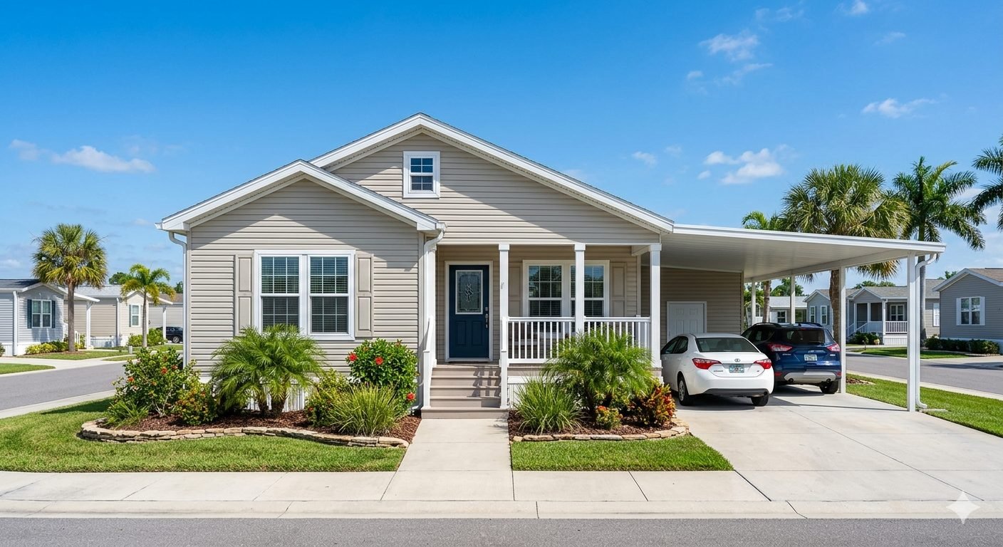 Modern manufactured home exterior with carport and Florida landscaping